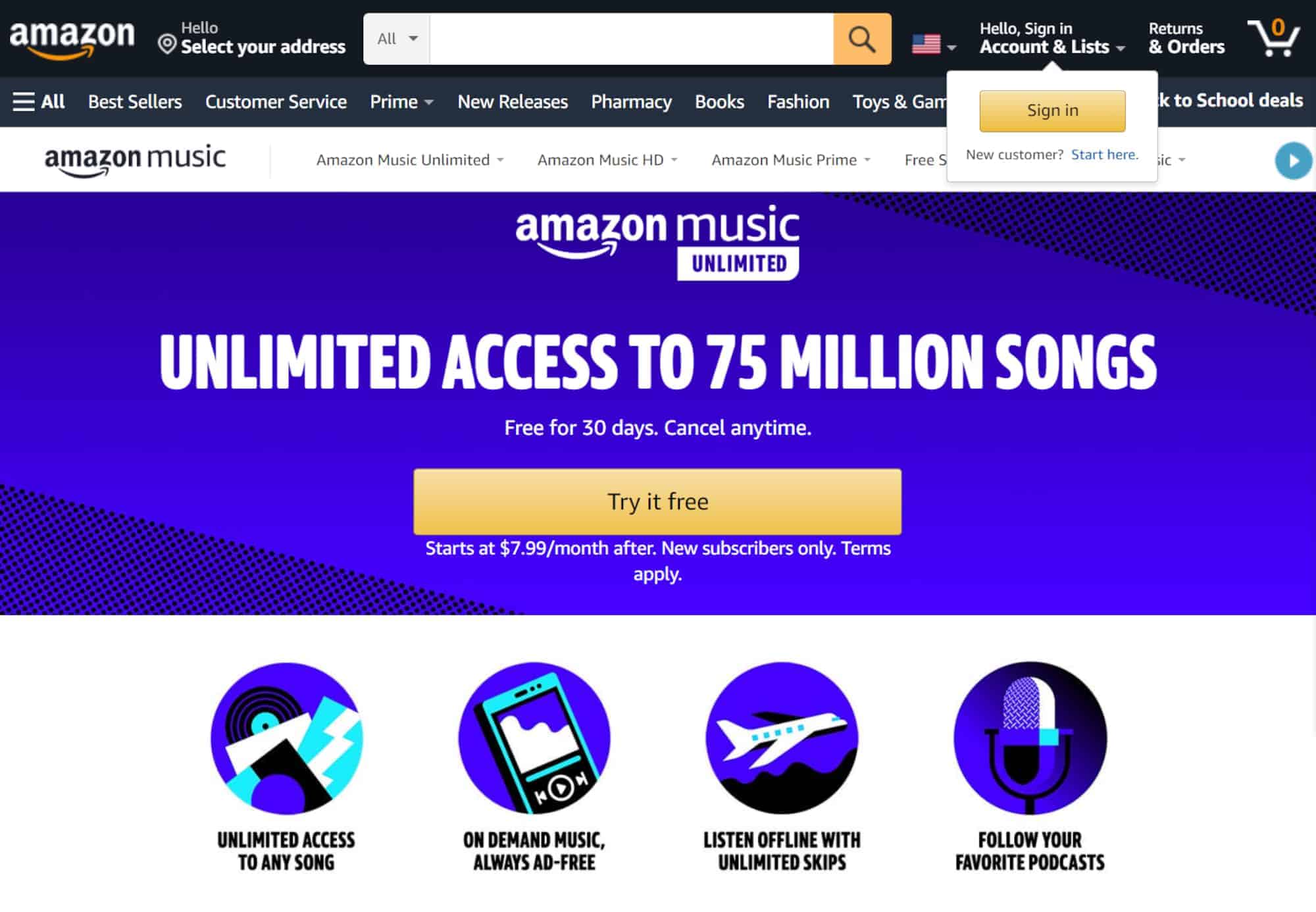 Amazon Music Unlimited website screenshot