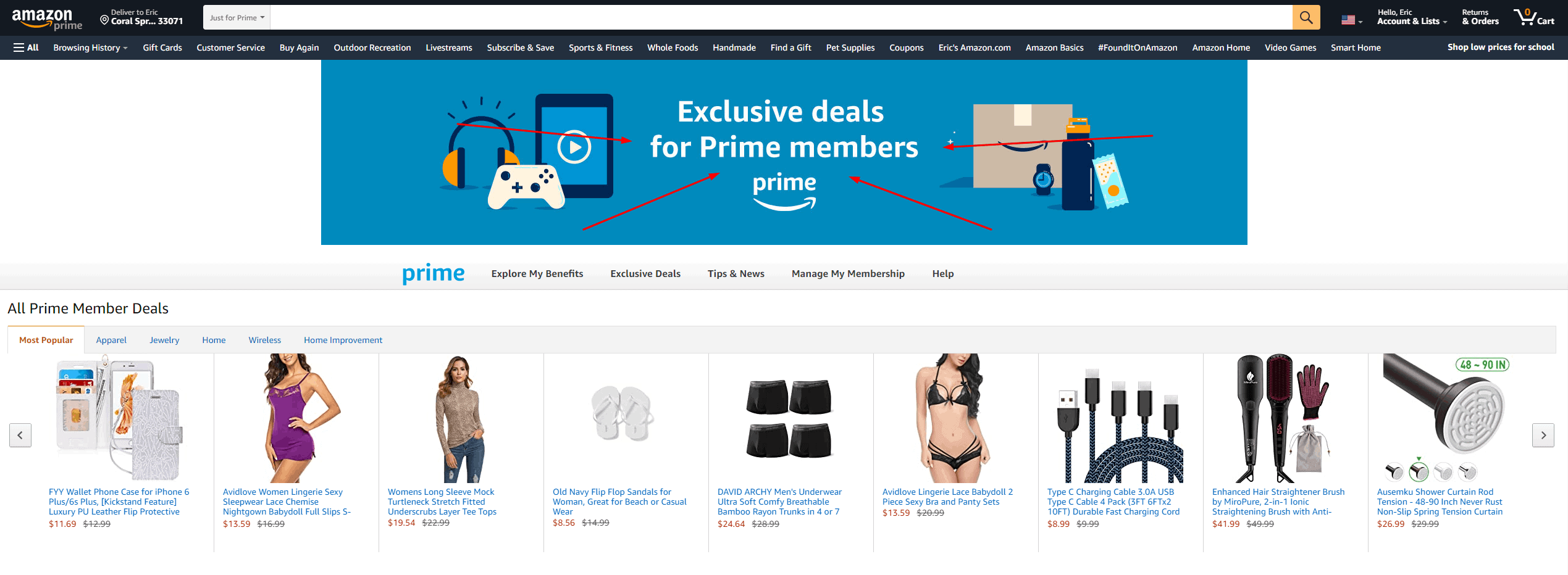 Screenshot of Amazon website showing exclusive deals for Amazon prime members