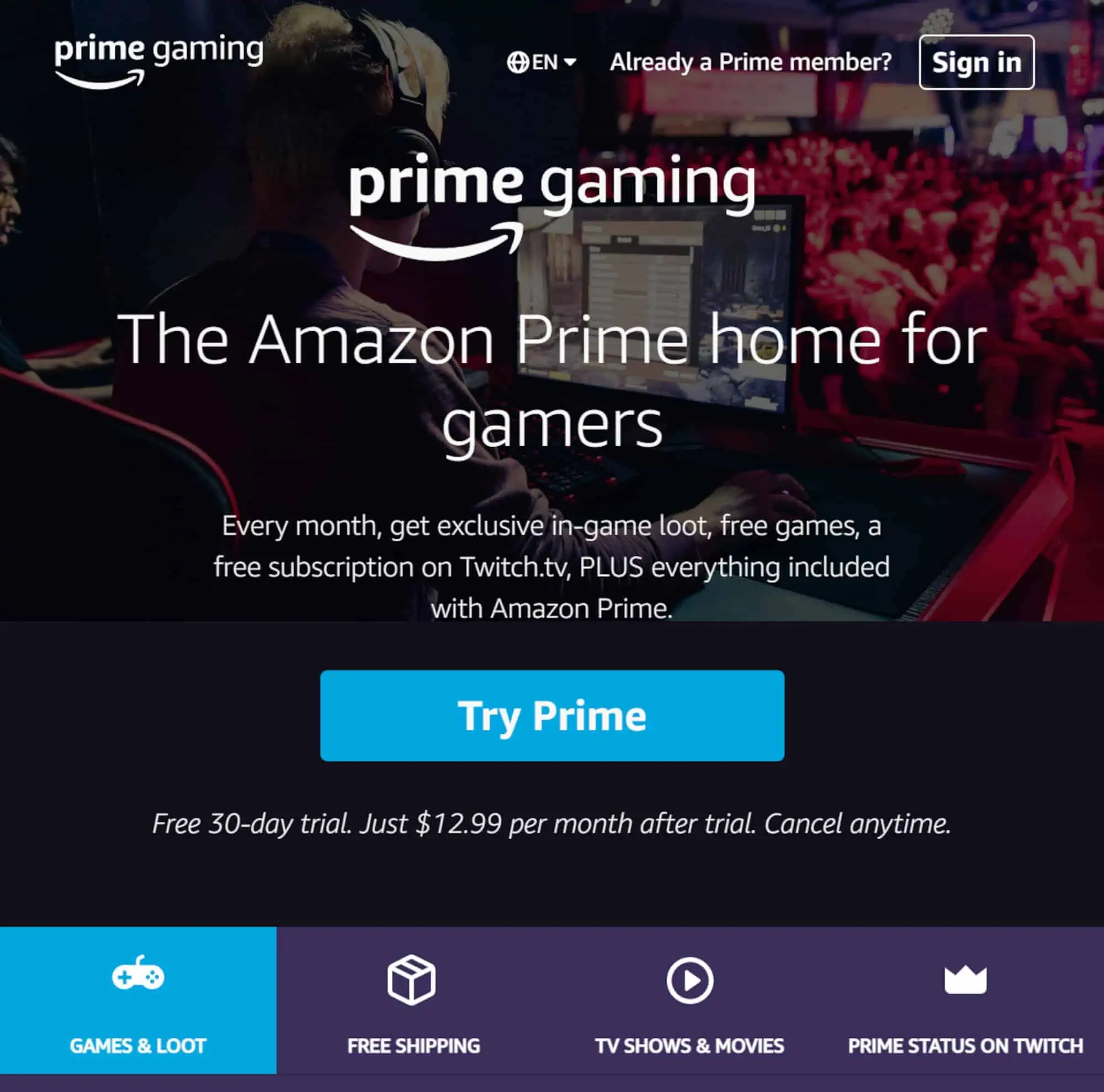 Amazon Prime Gaming website screenshot