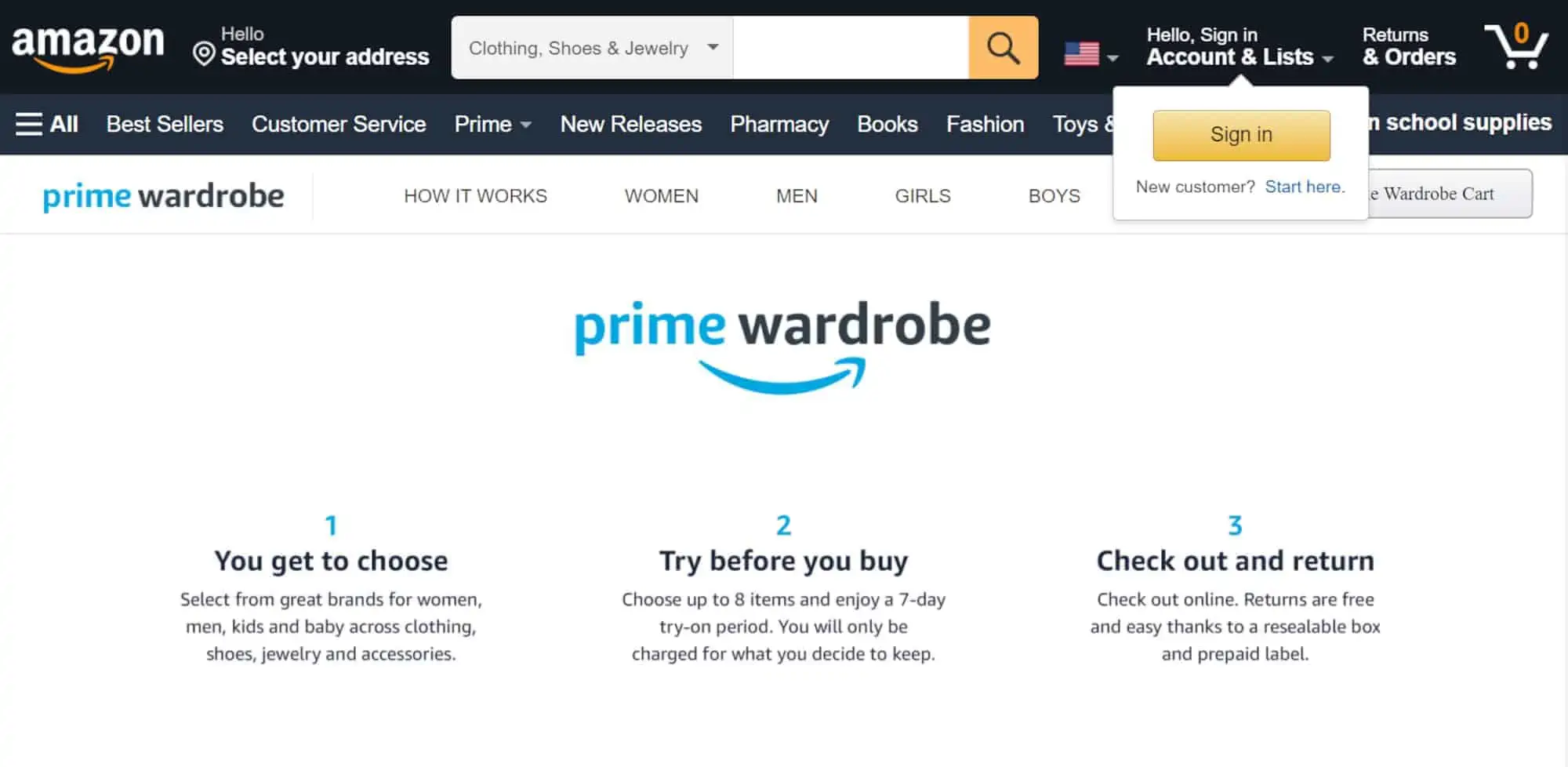 Amazon Prime Wardrobe website