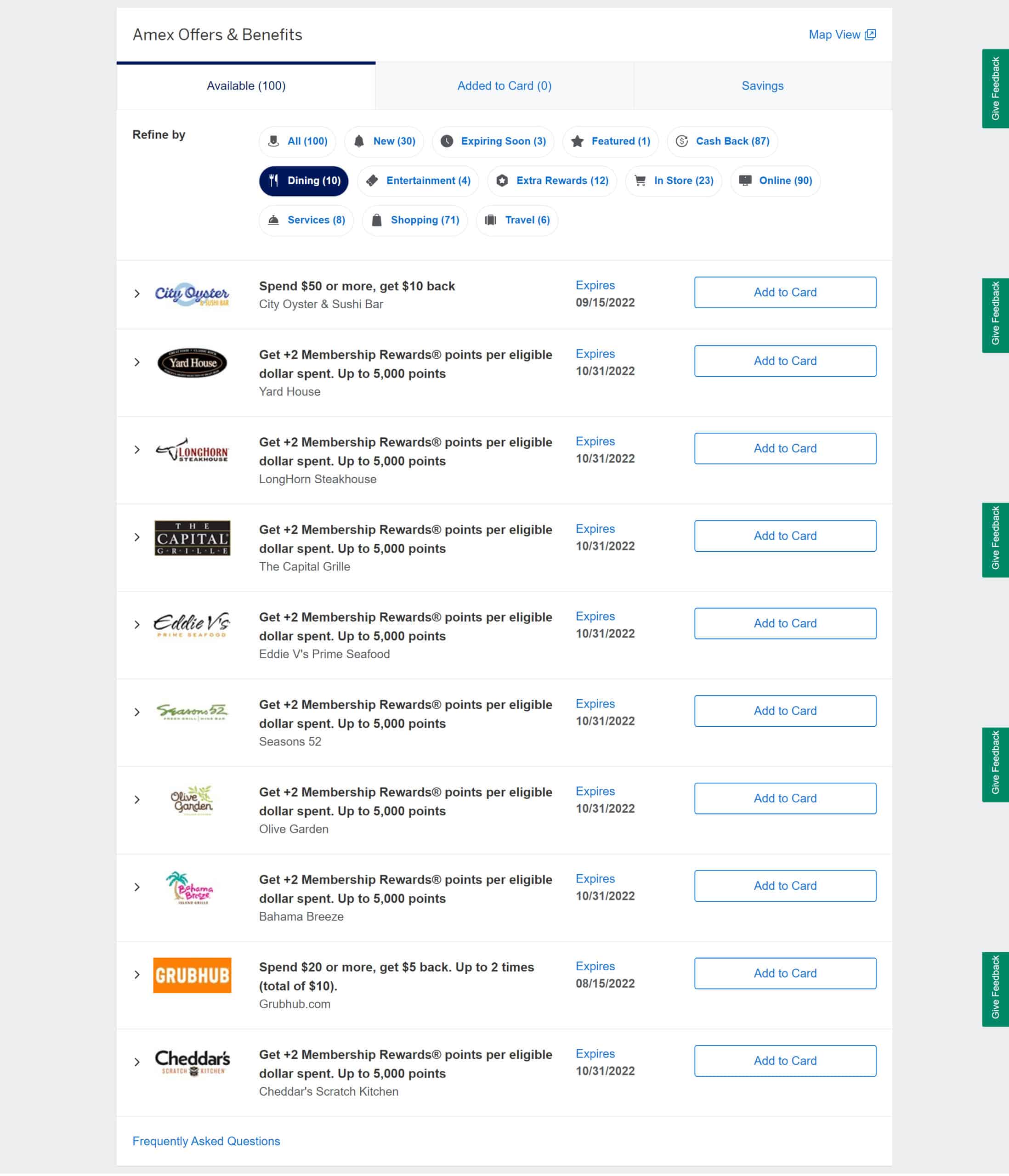 American Express credit card AMEX Offers dining selection