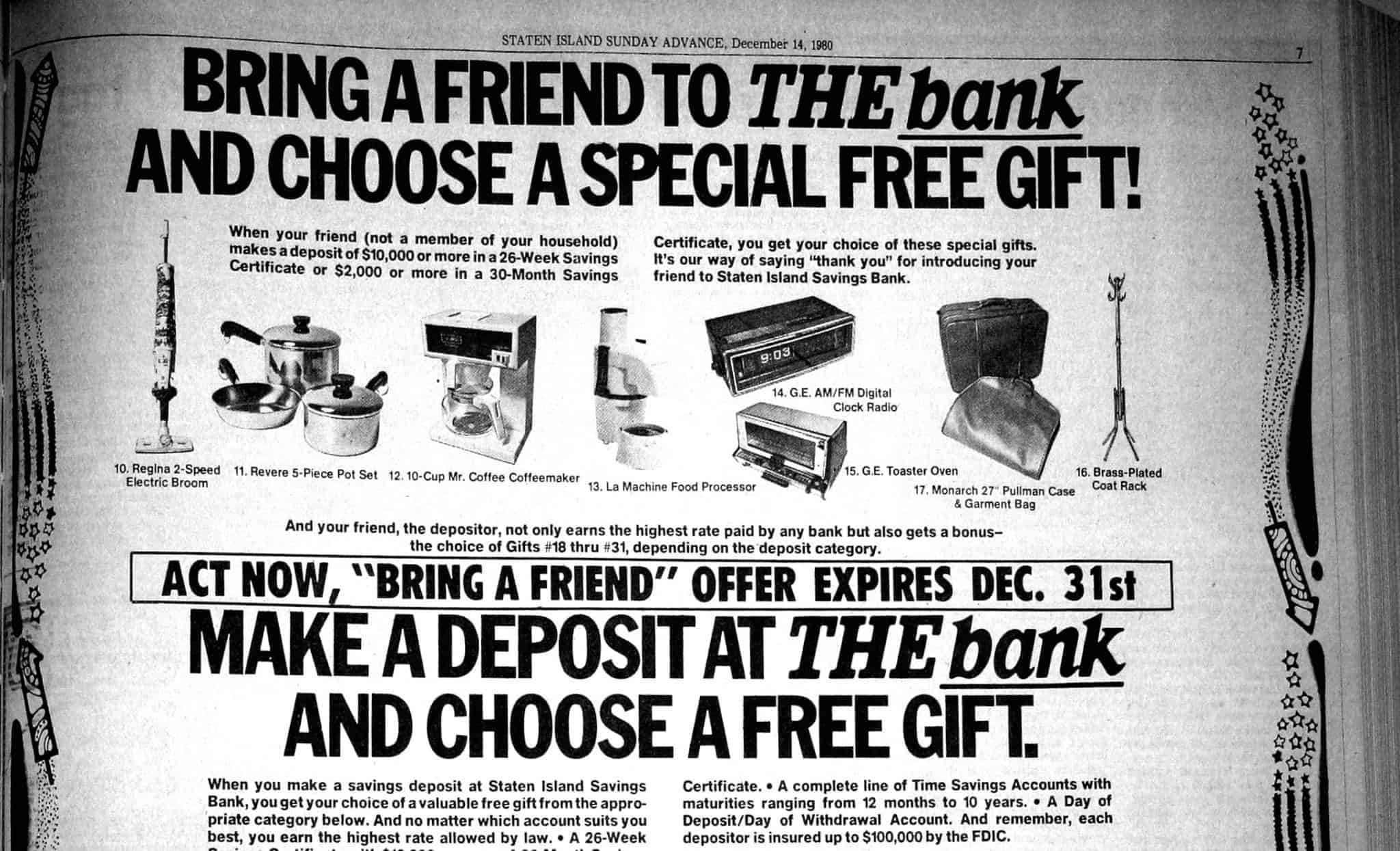 Advertisement in the December 14, 1980 edition of the Staten Island Advance for a bank offering gifts for bringing a friend to open a new account