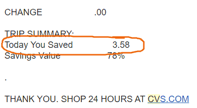 CVS receipt with amount saved circled