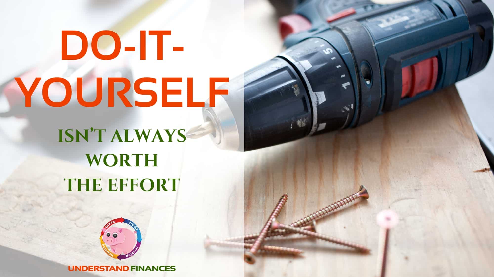 Do-it-yourself--power drill, screws, measuring tape, hammer--laid out on a wood workbench