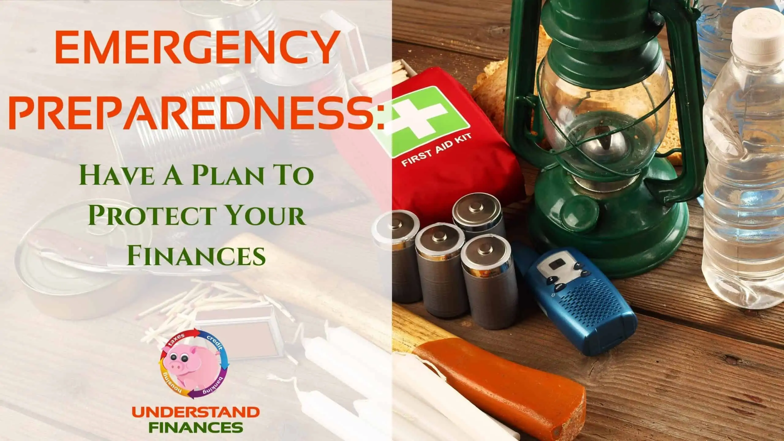 Emergency preparedness supply kit including an oil lantern, first aid kit, batteries, candles, matches, canned food, bottled water, knife, hatchet on a wooden table