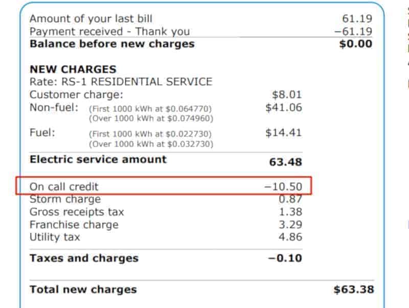 Section of Florida Power & Light (FPL) bill showing the OnCall program credit