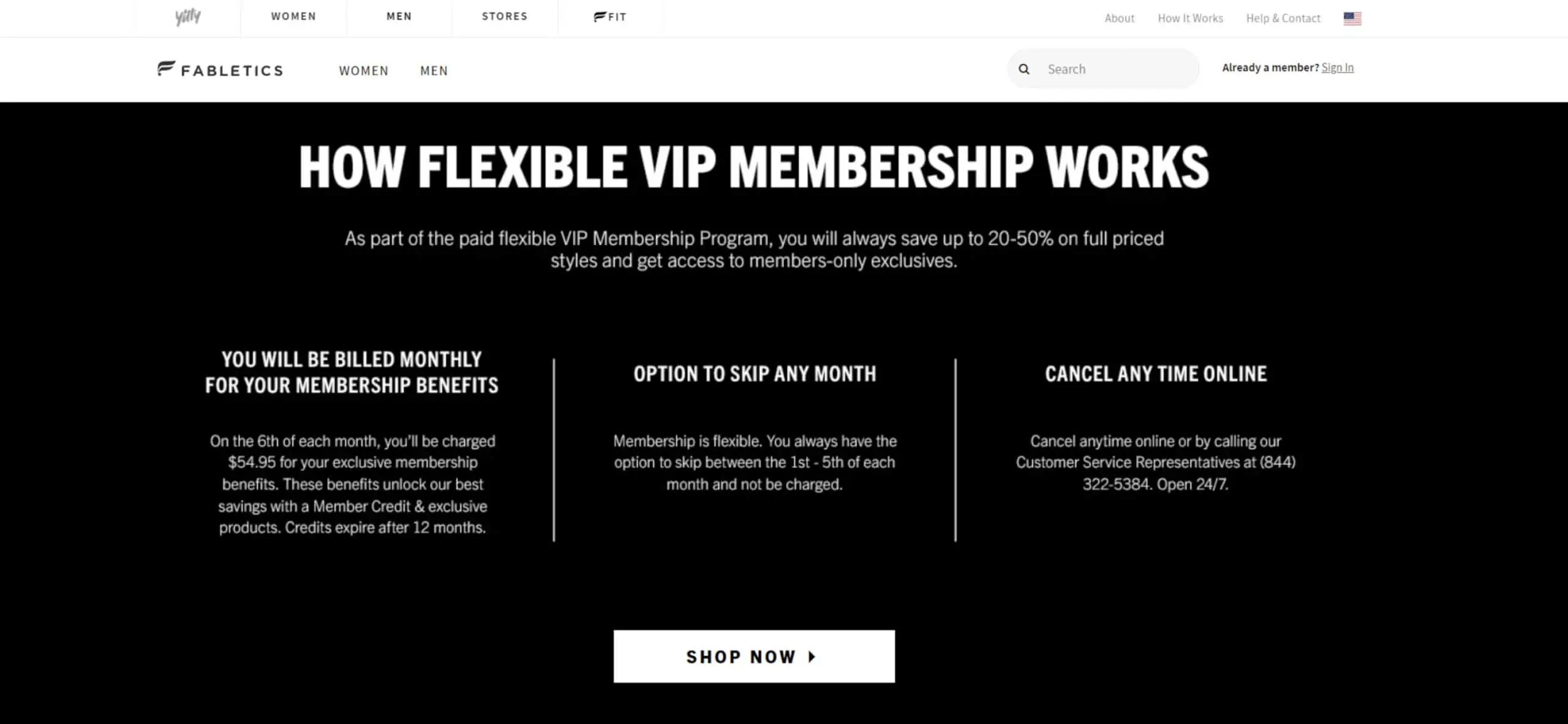 Screenshot of Fabletics website describing the Flexible Membership marketing trick