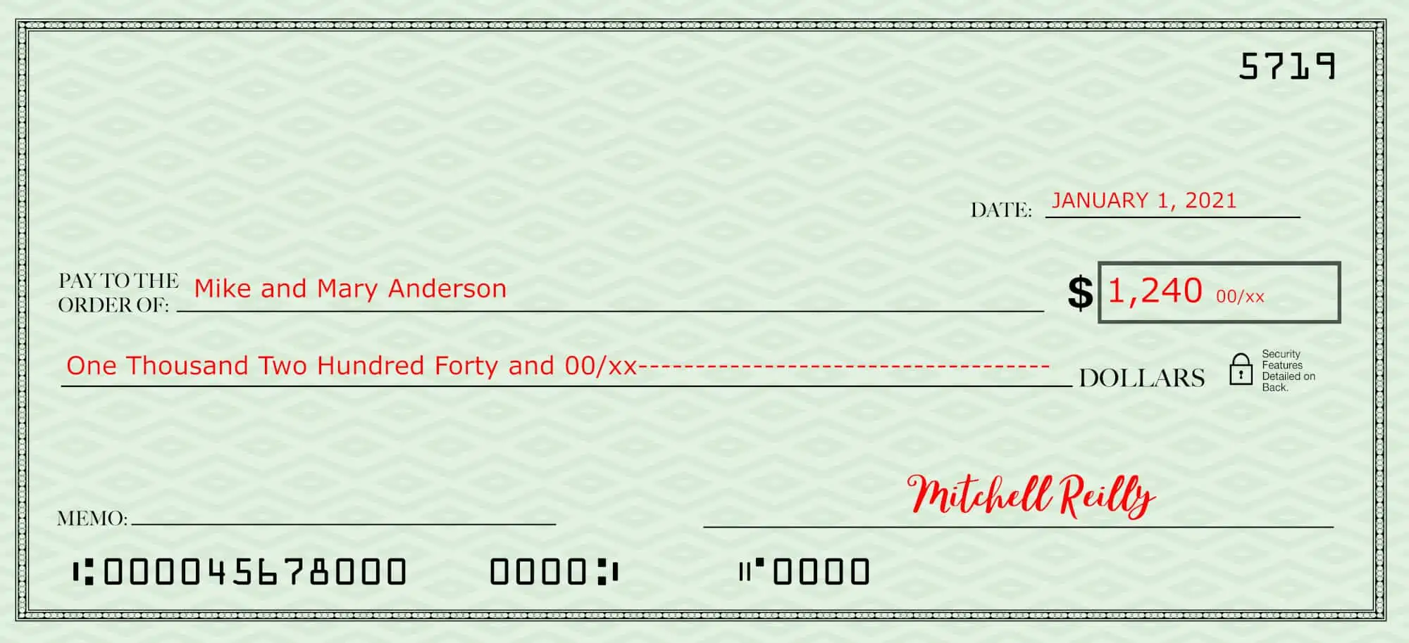 Filling out a check completely--check with the date, payee amount in both words and numbers plus signature