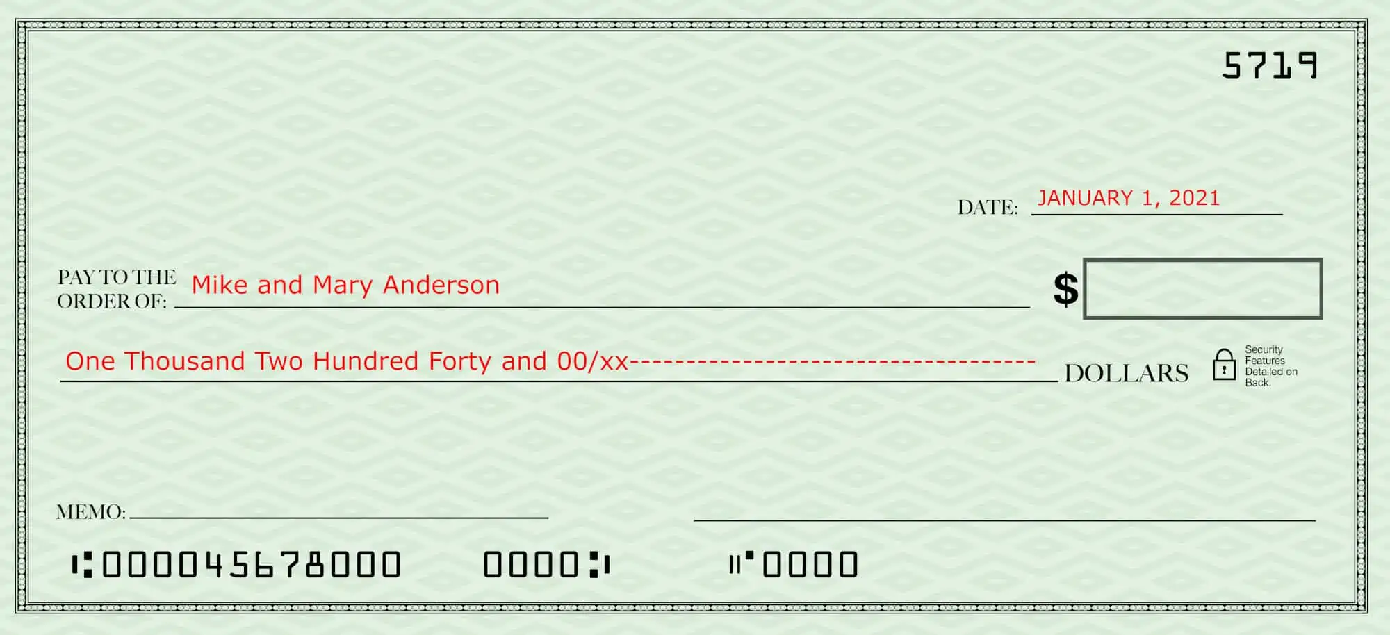 Filling out a check--blank check with the date, payee and amount in words filled in
