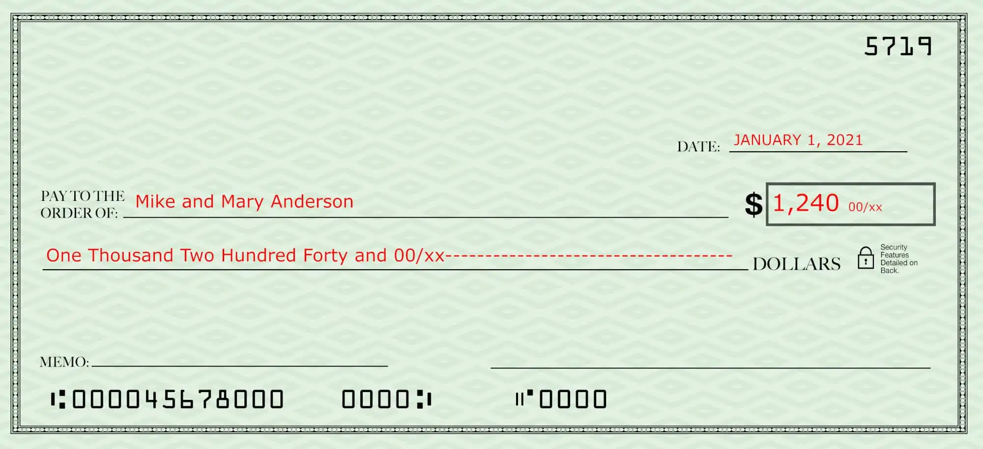 Filling out a check--blank check with the date, payee and amount in both words and numbers filled in