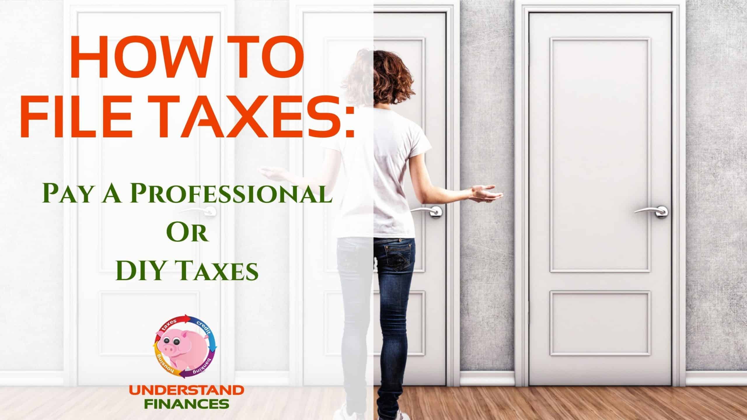 A redheaded Caucasian woman in dark blue denim jeans and a white t-shirt standing in front of multiple doors deciding how to file taxes.