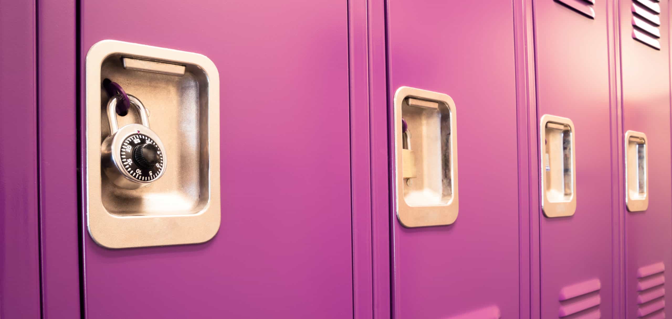 Purple school locker with MasterLock dial lock securing stuff like LastPass secures passwords