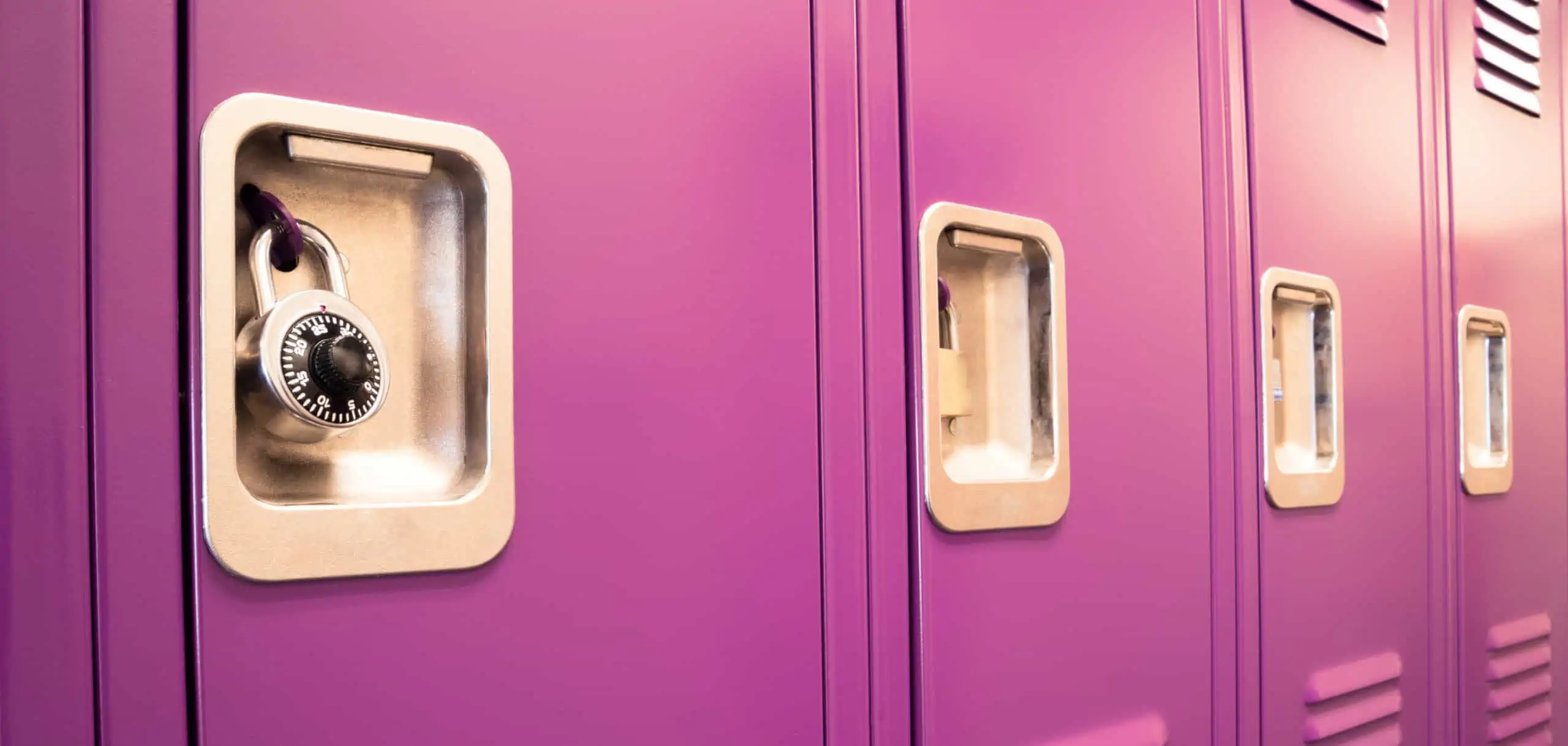 Purple school locker with MasterLock dial lock securing stuff like LastPass secures passwords