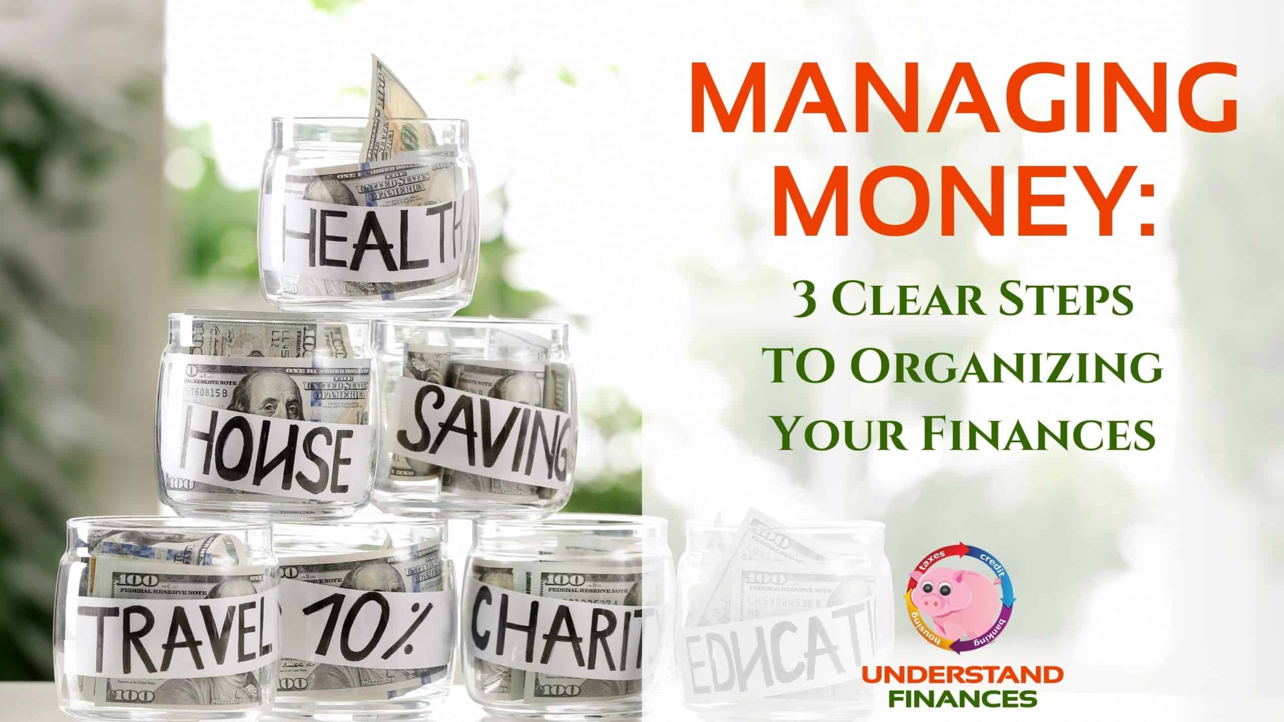 $100 bills stuffed into glass jars labeled health, house, saving, travel, charity and education for money management purposes