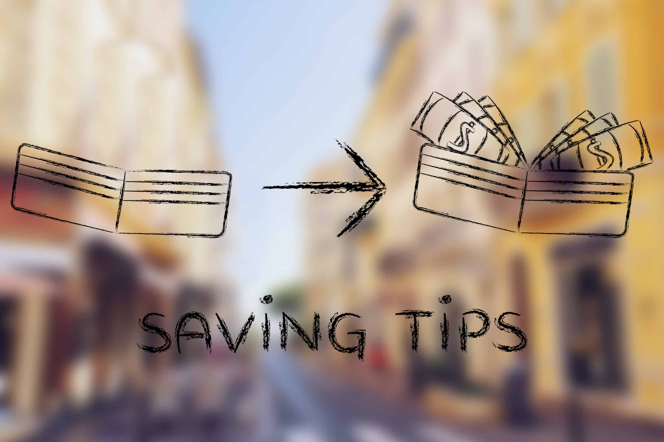 Money-saving tip drawn in marker showing empty wallet going to full of cash.