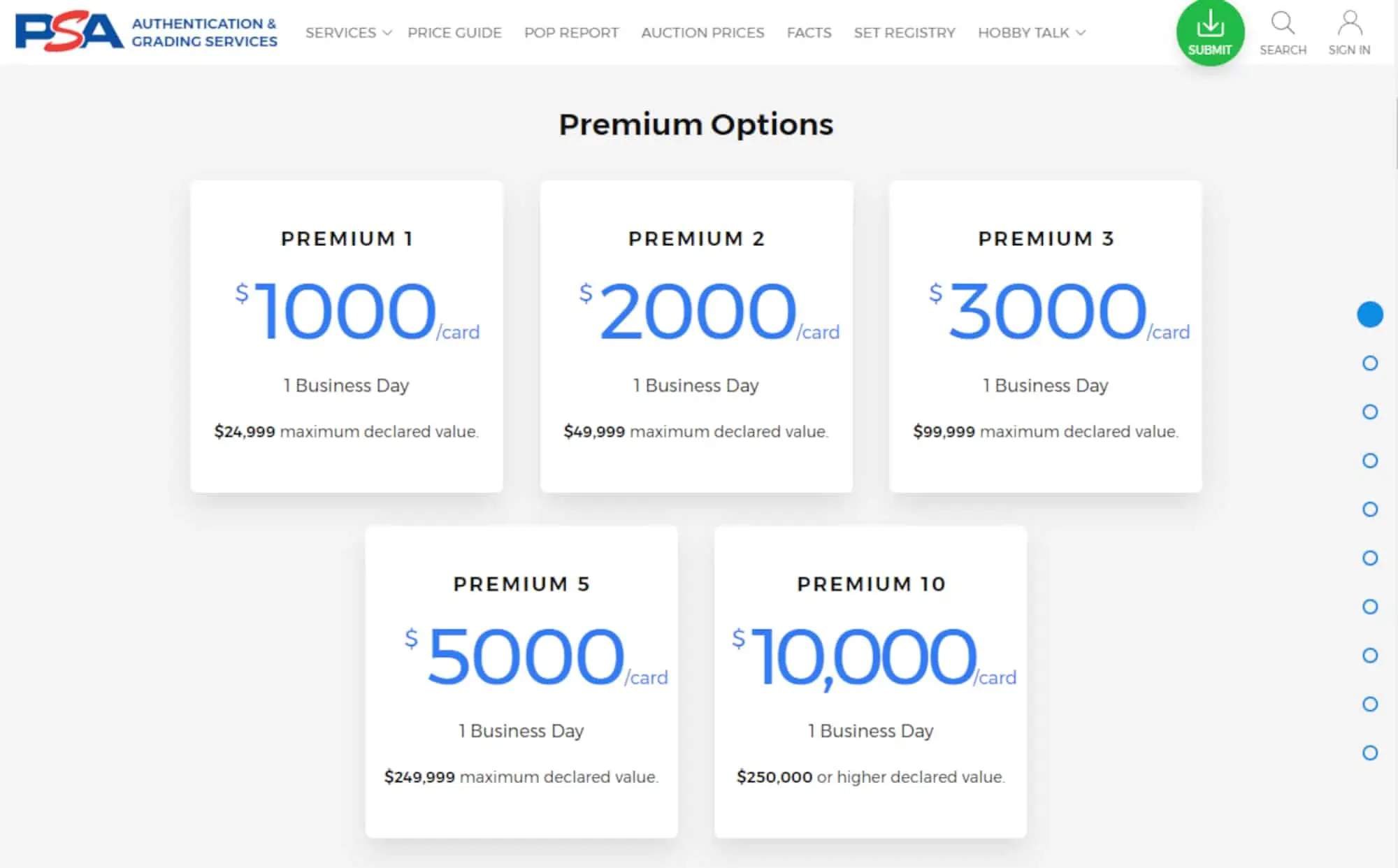 Screenshot of PSA website showing premium card grading prices