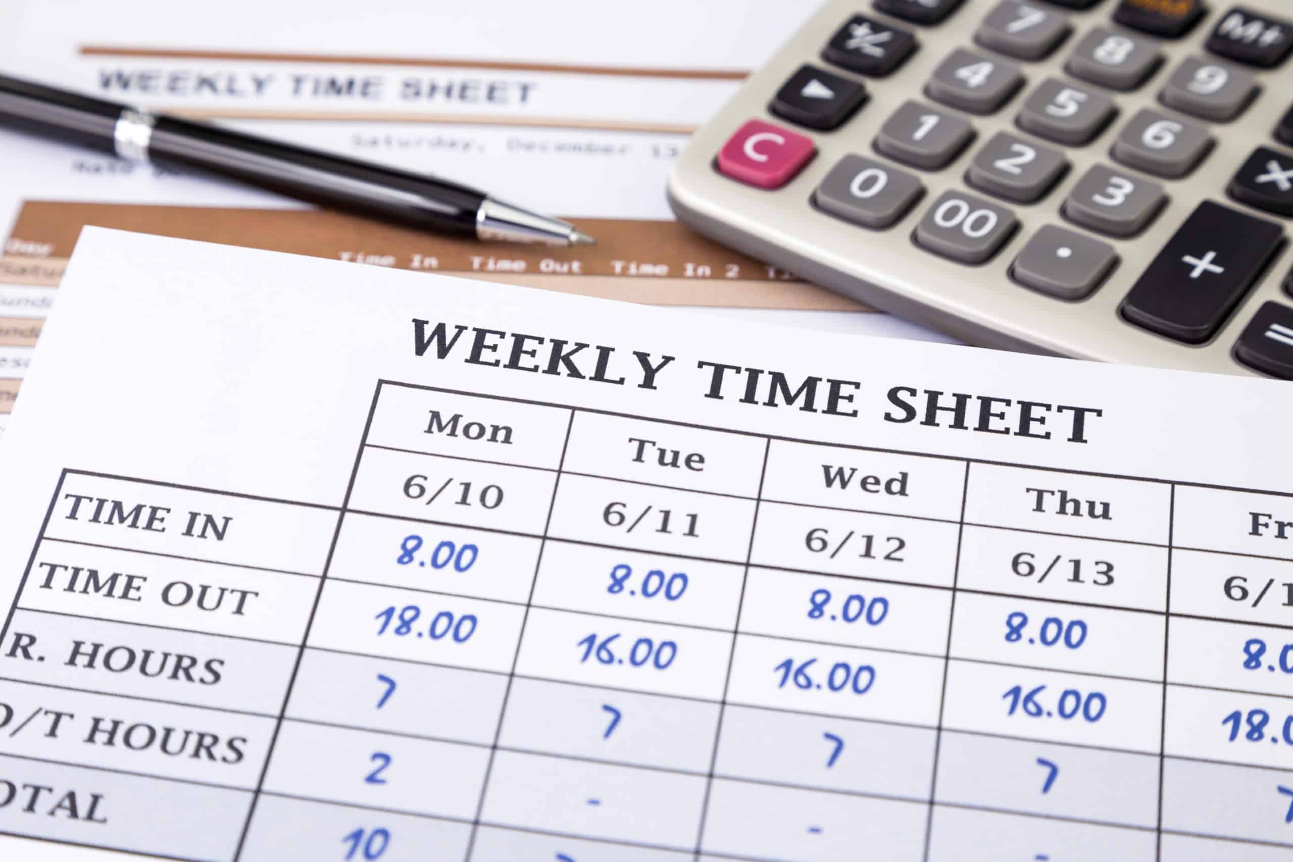 Weekly payroll time sheet used in paycheck calculations