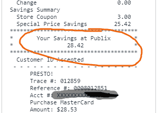 Publix receipt with "your savings at Publix" circled