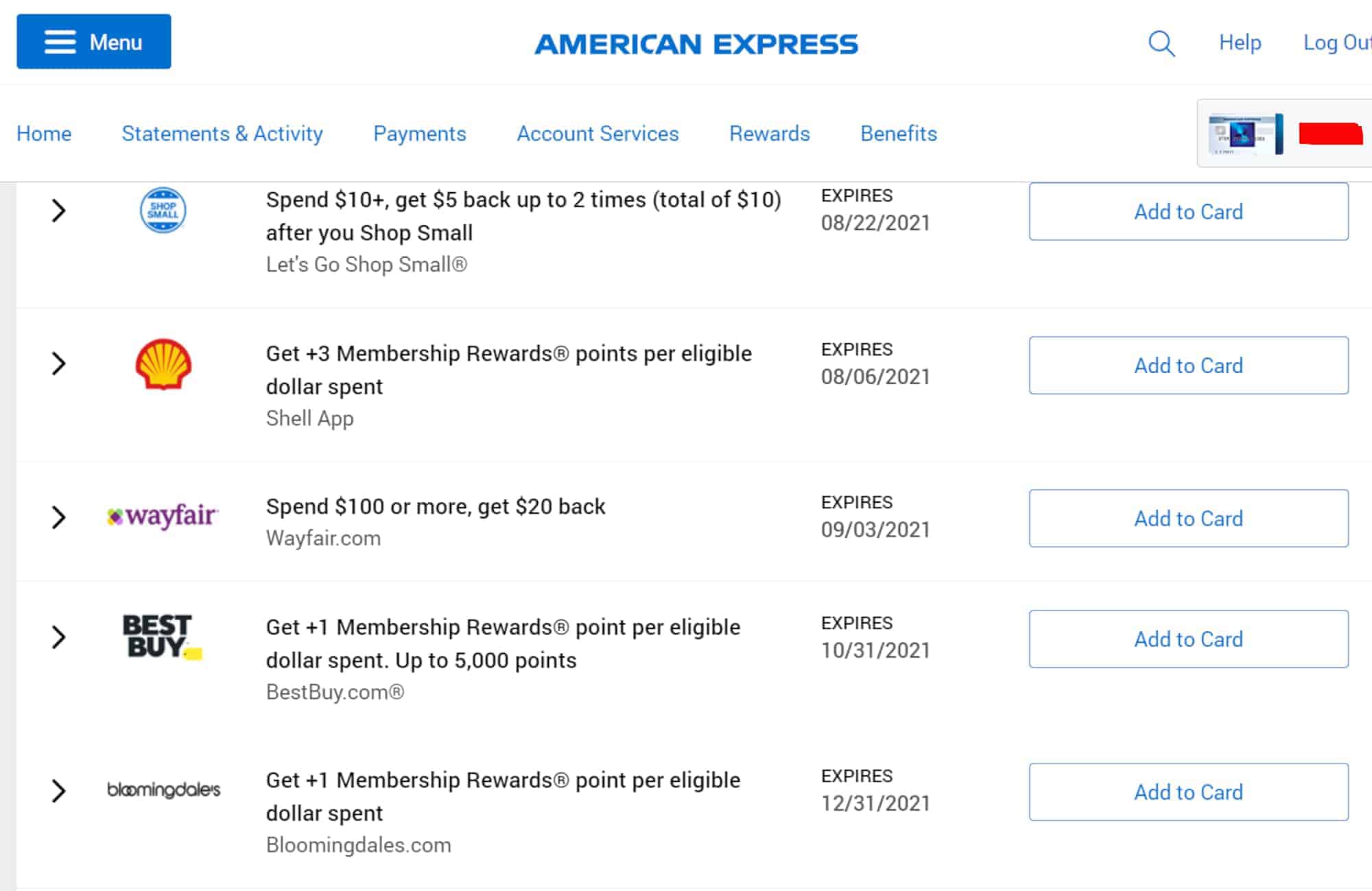 Screenshot of selection of Amex Offers for the American Express Blue credit card