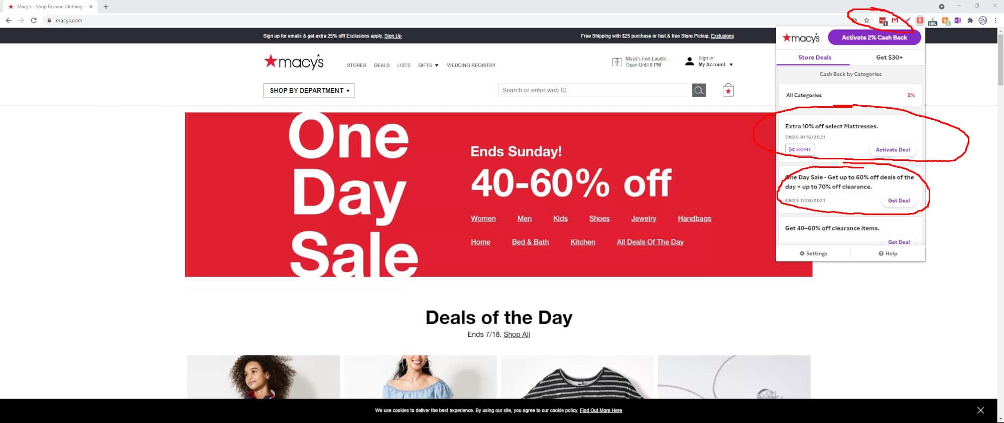 Screenshot of Macys website using Rakuten browser extension coupons