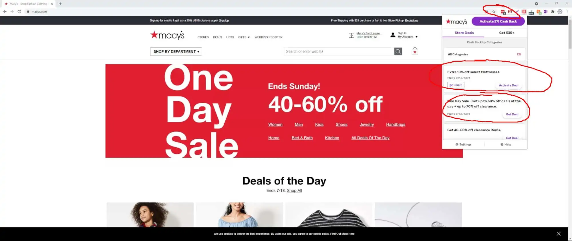 Screenshot of Macys website using Rakuten browser extension coupons