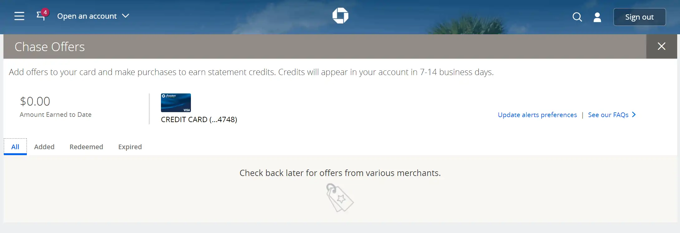 Screenshot of Chase Offers for the Chase Freedom Unlimited credit card