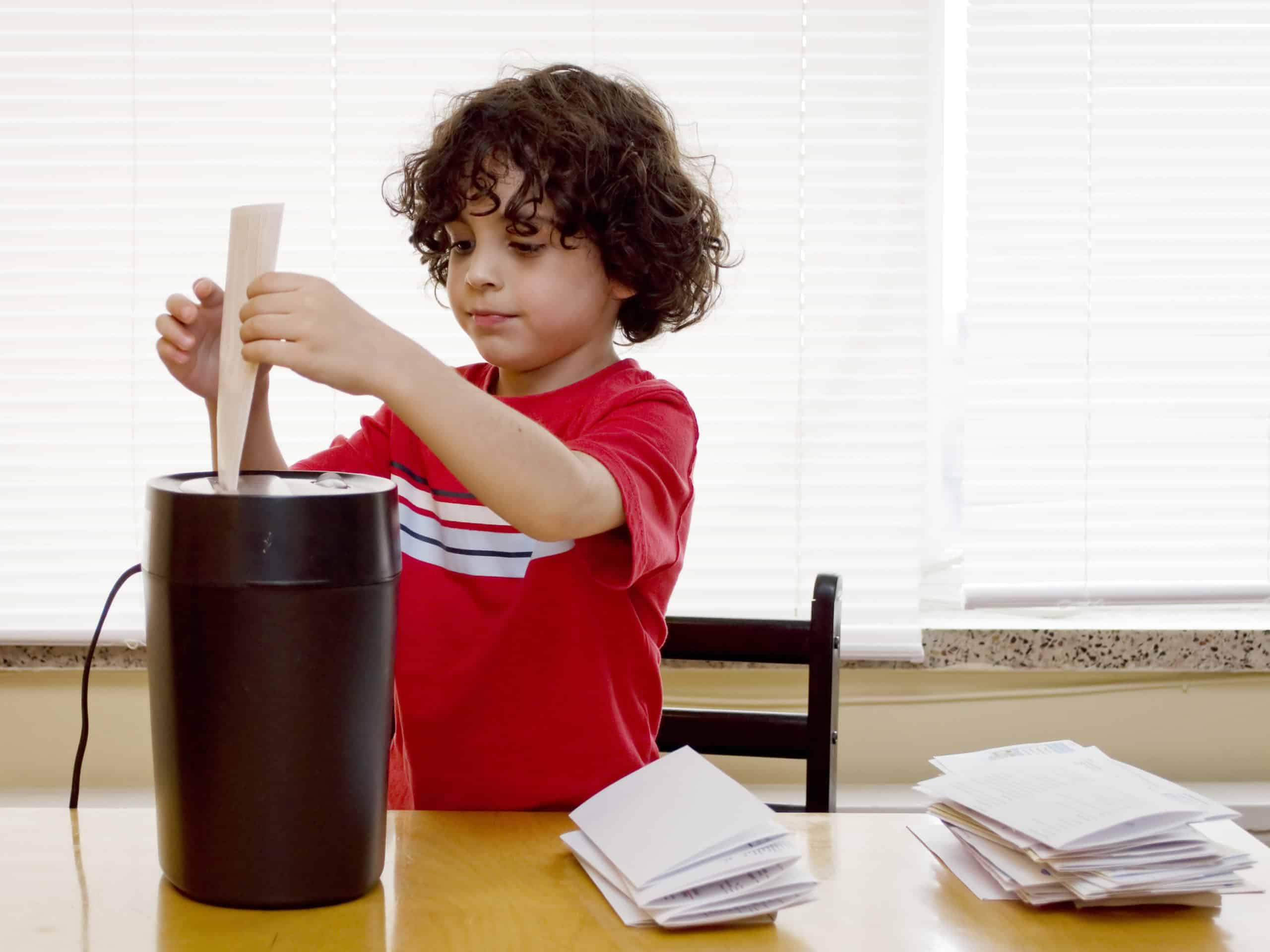 Child with floppy brown hair and red short sleeve shirt shredding documents to guard against id theft.