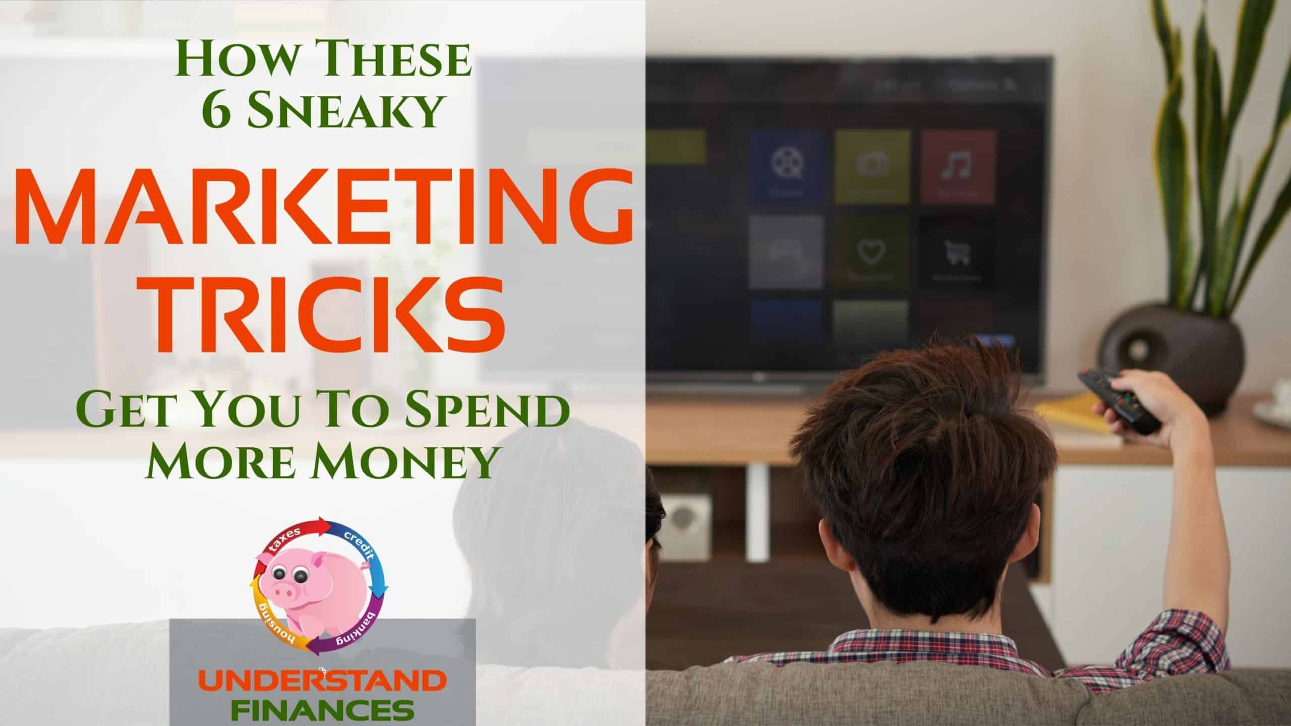 Couple on brown cloth couch watching televisions waiting for all of the marketing trick meant to make them spend money
