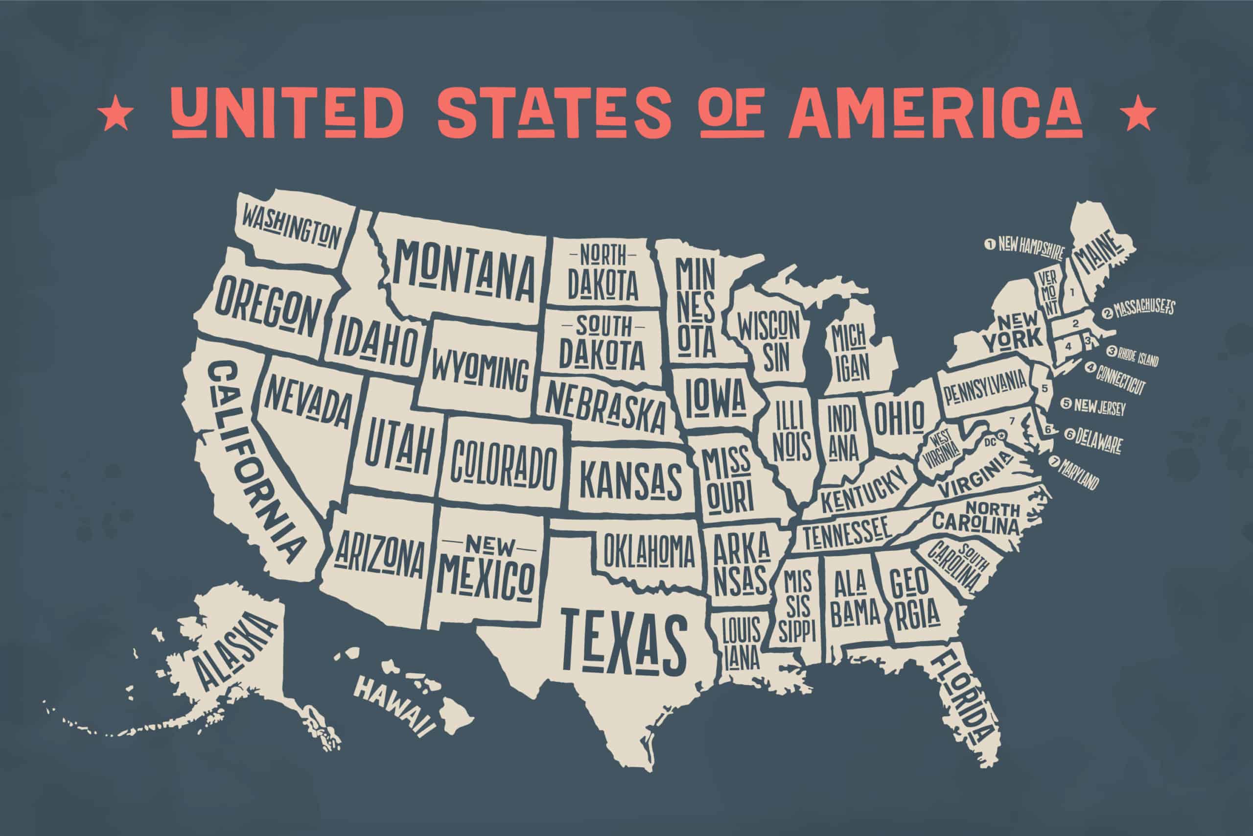 State Income Taxes Map Of USA with word art state names