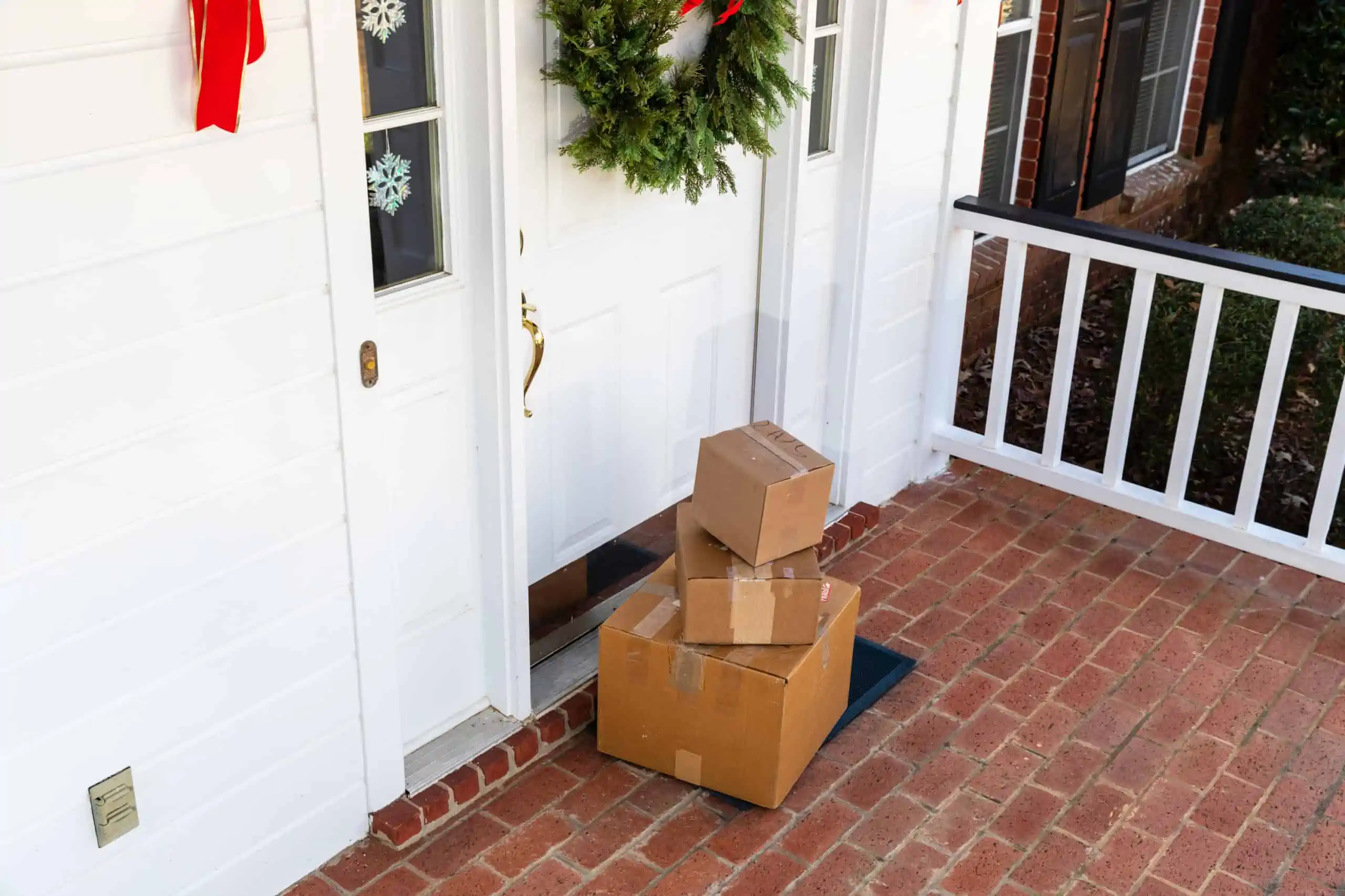 Packages that were purchased using coupons on the front porch of a home during the holiday season.