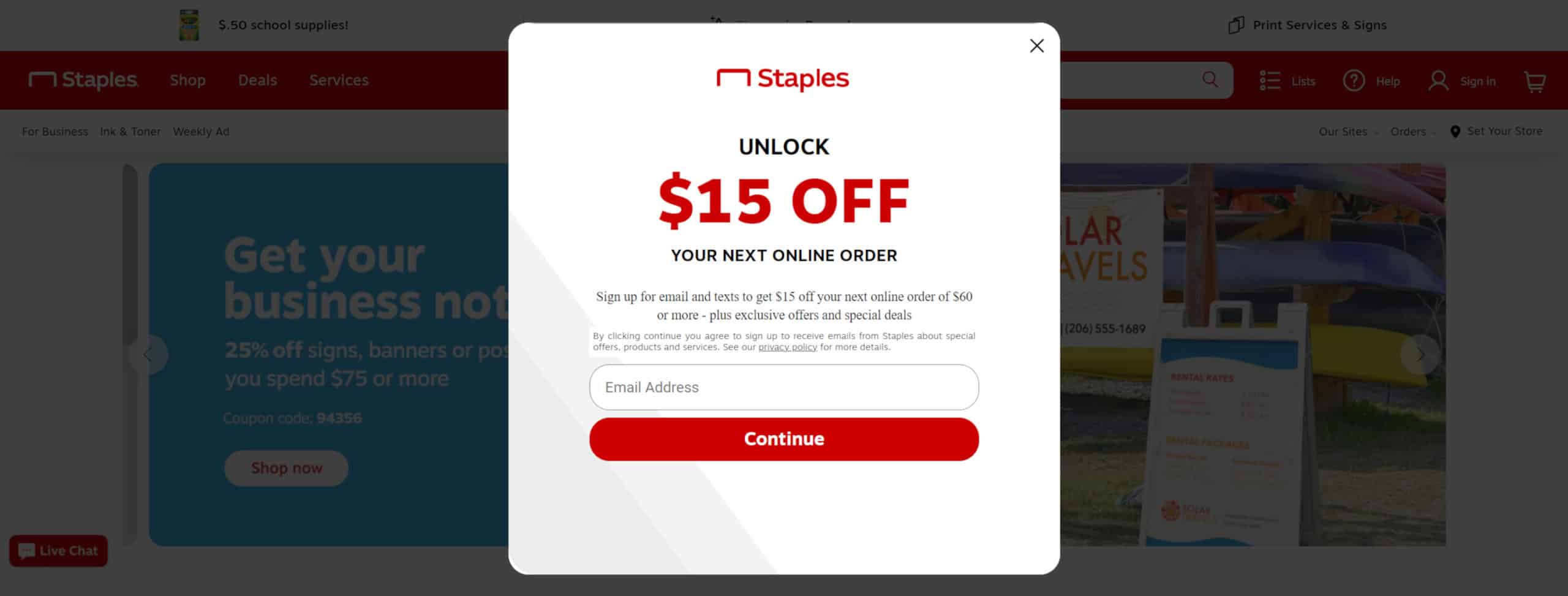 Promo code from Staples website for $15 off a minimum of $60