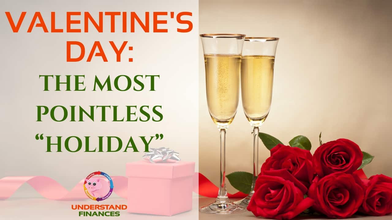Two glasses of champagne, five red roses and a red box with a silver ribbon as Valentine's Day gifts