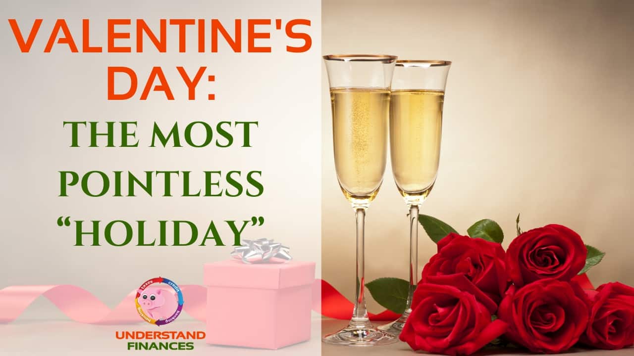 Valentine's Day: The Most Pointless "Holiday" 1 Two glasses of champagne, five red roses and a red box with a silver ribbon as Valentine's Day gifts